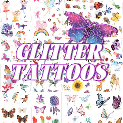 Ticiaga Glitter Tattoos for Girls - 16 Sheets Butterfly Fairy Flowers Temporary Tattoos Waterproof Fake Tattoos for Birthday Party Favors Supplies Goodie Bag Filler Stuffers Gifts for Boys Girls