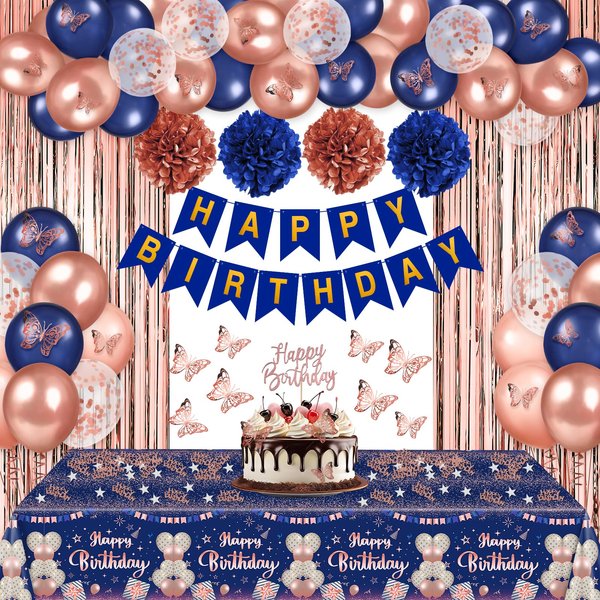 Rose Gold Birthday Party Decorations for Women Girls Blue Gold Birthday Banner and Rose Gold Birthday Balloons Garland Curtains Tablecloth Butterfly Wall Tissue Pompoms Navy Blue Birthday Supplies