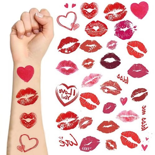 Red Lip Tattoos Kiss Mark Temporary Tattoo Stickers Waterproof Tattoo Stickers for Adult Women Girls Face Body Halloween's Day Decorations (2 Sheets)
