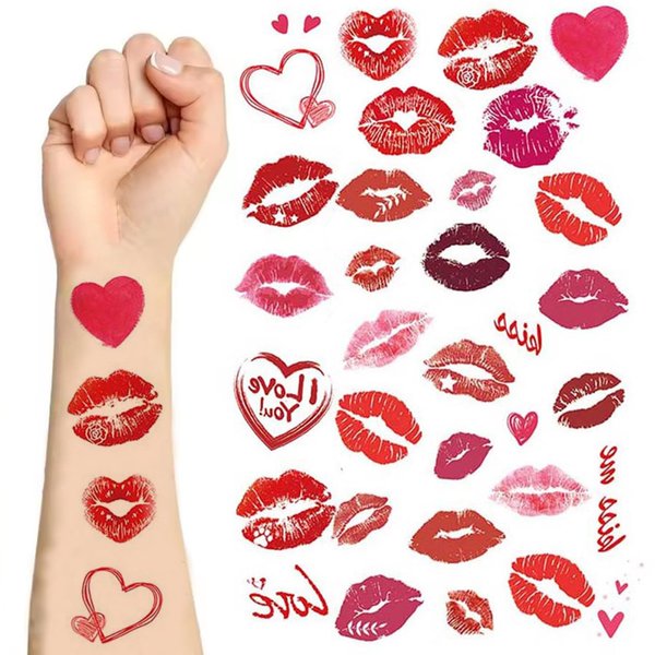 Red Lip Tattoos Kiss Mark Temporary Tattoo Stickers Waterproof Tattoo Stickers for Adult Women Girls Face Body Halloween's Day Decorations (2 Sheets)