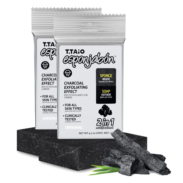 T.Taio Esponjabon Charcoal Soap Sponge - Cleansing Shower Scrubber - Cleaning Bath Wash Scrub - Oil Removal - Massage & Lather Foot, Elbow, & Face - Bathroom Accessories - Charcoal
