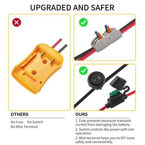 Power Wheel Adapter for Dewalt 20V Battery Series with Fuse, Switch & Wire Terminal, 3Pcs 30A Fuse, 12 AWG Wire Battery Converter Connector DIY for RC Toys, Robotics, Truck and Work Lights (1)