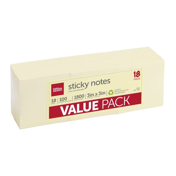 Office Depot 30% Recycled Self-Stick Notes, 3in. x 3in., Yellow, 100 Sheets Per Pad, Pack of 18 Pads, OD-3318YR