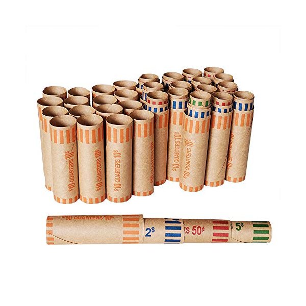 NATURALABEL 80 Assorted Preformed Coin Wrappers Rolls, 32 Quarters,16 Pennies, 16 Nickels, 16 Dimes, Durable Change Rolls Wrappers Paper Coins Tubes, Coin Rollers Money Rolls for Coins (80 PCS)