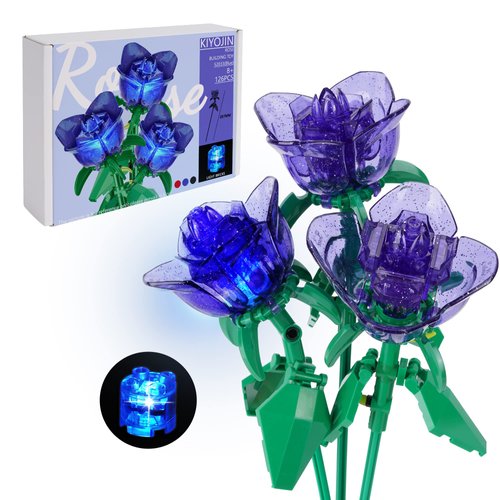 KIYOJIN Rose Flower Bouquet Building Set with Lights,Artificial Plant Cute Botanical Collection Compatible Gift for Adult Her/Mom/Women/Sister/Girl,Creative Project Home Decor(52033 Blue 126pcs)