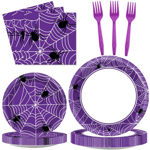 Qyeahkj 100PCS Halloween Spider Web Party Plates and Napkins Halloween Party Supplies Purple Spiderweb Party Tableware Set Halloween Paper Plates for Halloween Theme Party Decor Favors Serves 25r
