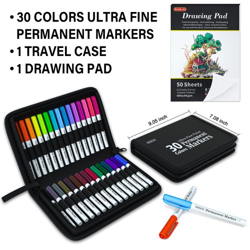 Shuttle Art Permanent Markers, 30 Assorted Colors Ultra Fine Point Permanent Marker Packed in Travel Case, Ideal Colored Markers Set for Adults Coloring Doodling on Plastic, Glass, Gift for Teens