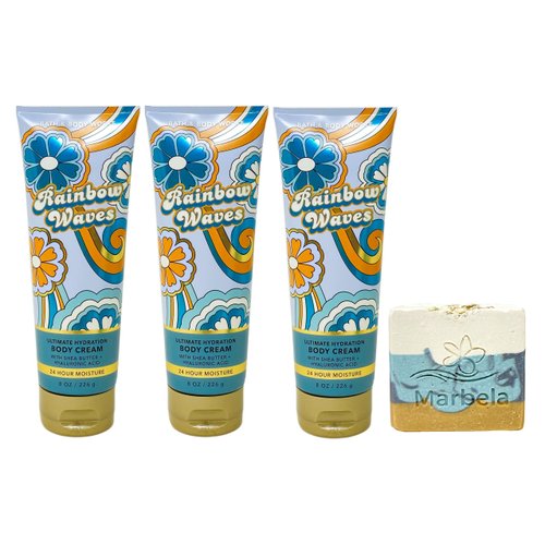 Bath & Body Works Rainbow Waves 3 Pack Body Cream Bundle with a Sea Breeze Bar Soap