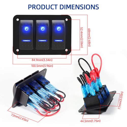 Toggle Switch Panel 3 Gang Aluminum Switch, 12V/24V Rocker Switch Panel, Waterproof On-Off Car Boat Switch, Blue LED Switch Panel for Marine Boat Automotive Car RV Truck Vehicles