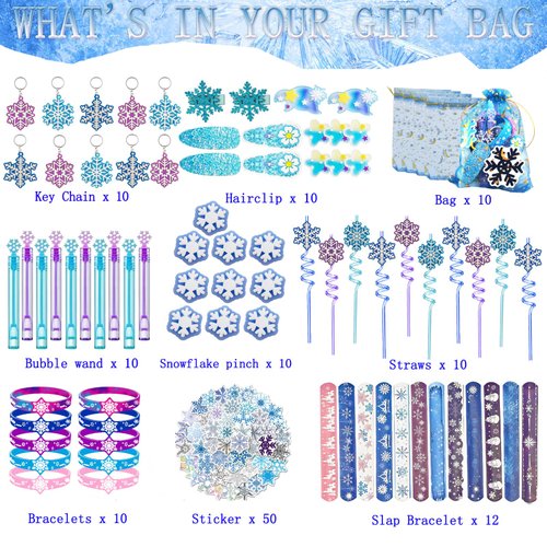 132Pcs Snowflake Party Favors Set Birthday Party Supplies Include 12 Bracelets, 10 Keychain, 10 snowflake squishies,10 wristbands,10 Hair accessories,10 straws,10 Bubble,50 Stickers and 10 Gift bags