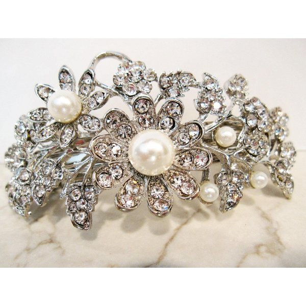 Generic Silver flower shaped pearl and crystal hair barrette clip bridal clip bridal