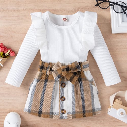 Yccutest Toddler Baby Girl Skirt Outfit Long Sleeve Ruffle Shirt Top Mini Skirt Set 2Pcs Kids Little Girl Clothes Fall Winter (White,12-18 Months)