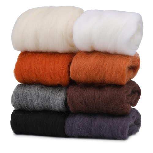 WONVOC Needle Felting Wool 80 g, Wool Roving, 8 Colors Felting Wool, Felting Wool Bulk, Wool Roving for Needle Felting, for DIY Craft Materials and Felting Wool Craftsmen, White, Black, Brown