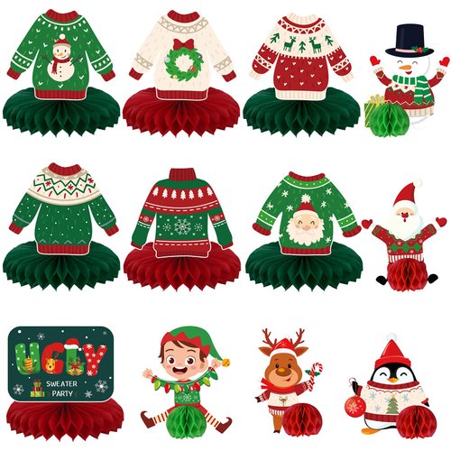 12 Pcs Christmas Ugly Sweater Party Decorations Christmas Ugly Sweater Honeycomb Centerpieces Xma...