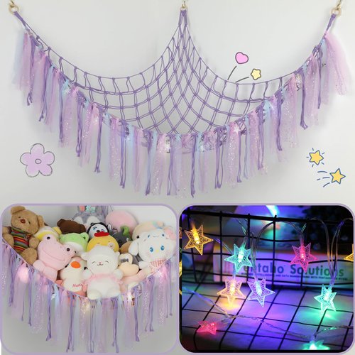 YELIENM Stuffed Animals Net or Hammock with LED Light, 59 inch Toy Hammock Net for Stuffed Animals Corner Hanging Stuffed Animal Storage Stuffed Animal Holder for Nursery Kids Bedroom (Purple)…