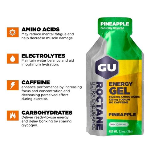 GU Energy Roctane Ultra Endurance Energy Gel, Vegan, Gluten-Free, Kosher, and Dairy-Free On-The-Go Sports Nutrition for Running, Biking, Hiking or Skiing, 24-Count, Pineapple