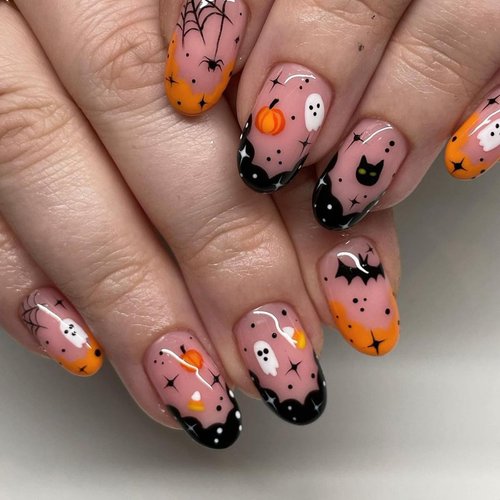 Halloween Press on Nails Short Almond French Tip Fake Nails Full Cover False Nails with Cute Ghost Bat Designs Spider Web Pumpkin Acrylic Nails Halloween Glue on Nails for Women Girls