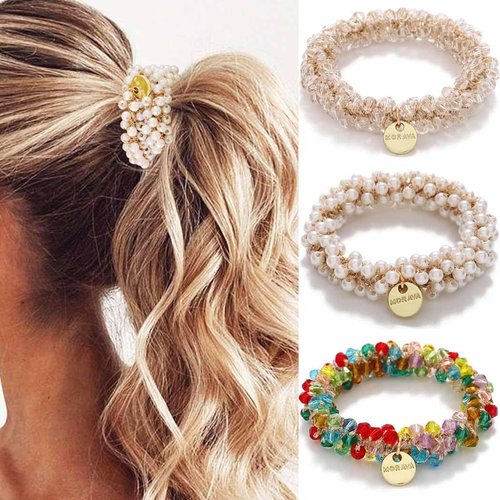 Fashey Pearl Hair Ties Rhinestone Hair Scrunchies Colorful Crystal Ponytail Holder 3 Pcs Elastic Hairbands Stretchy Hair Accessories for Women (Type C)