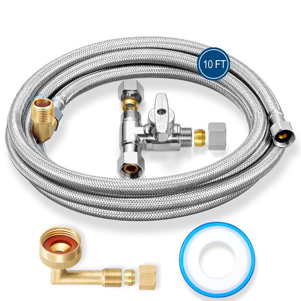 Dishwasher Installation Kit - 10 FT Stainless Steel Braided Dishwasher Hose kit,Food Grade PEX Inner Tube Dishwasher Water Line with 3/8"x3/8"x3/8" Tee Stop Valve,3/8"x3/8"MIP Elbow,3/8"x3/4"FHT Elbow