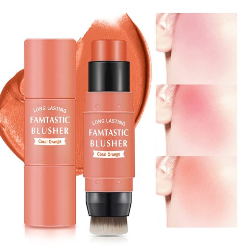 LOKFAR Cream Blush Stick for Cheeks Blush Makeup - 2 in 1 Multi Stick Blush for Cheeks Tint & Eyes & Lips, Cheek Makeup Stick Makeup Blush with Brush, Waterproof Creme Blush (#03 Coral Orange)