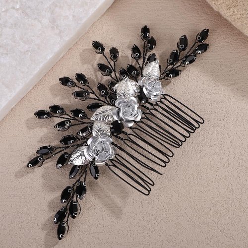 Rumtock Black Rhinestones Beads 3D Petal White Flower Silver Hair Comb for Wedding Brides Women Banquet Vintage Hair Accessories (Black)