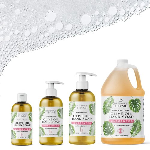 Brittanie's Thyme Organic Natural Hand Soap, 16 oz (Unscented) Moisturizing Castile Soap Made Olive Oil And Natural Luxurious Essential Oils. Vegan, Gluten & Cruelty Free,