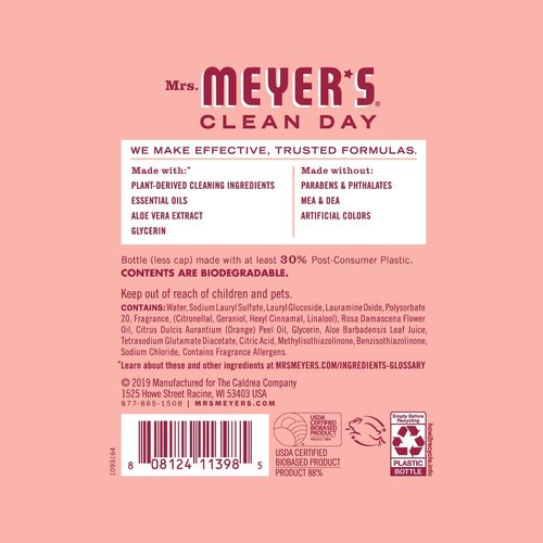 MRS. MEYER'S CLEAN DAY Liquid Dish Soap, Biodegradable Formula, Rose, 16 fl. oz