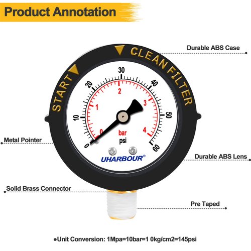 UHARBOUR 60psi Pool Filter Pressure Gauge, 2" Dial with Protection Case and 1/4"NPT Center Bottom Mount, Pool Pressure Gauge for Swimming Pool Filter