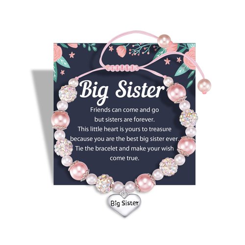 Jeka Big Sister Bracelets for Girls, Pink Pearl Heart Charm Bracelets Back to School Jewelry Valentines Day Gifts for Big Sister From Mom Dad