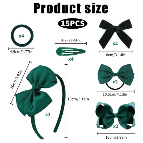 Green Hair Bow with Hair Knotted Scrunchies Headband Set, 15 Pcs Green Velvet Hair Bow, Green Bows for Girls Hair, Dark Green Uniform Hair Accessories, Green Hair Ties for Little Girls