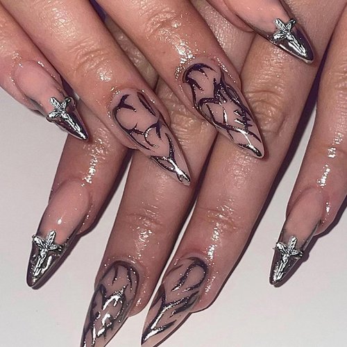 MISUD Medium Stiletto Press on Nails Almond Fake Nails Glossy Glue on Nails Goth Cross Acrylic Nails Chrome French Tip Artificial Nails Punk Swirl Stick on False Nails with Design 24 pcs