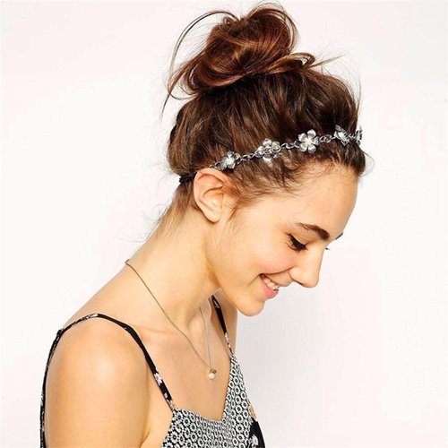 Zeshimb Boho Pearl Flower Hair Chain Headband - Silver Metal Elastic Bridal Hair Piece, Decorative Wedding Headpiece for Women and Girls