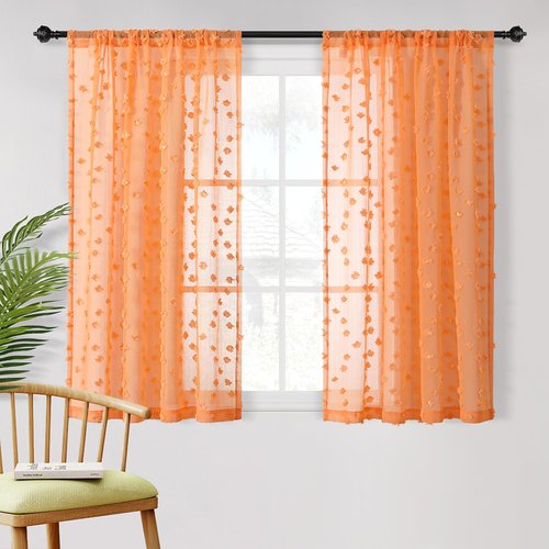 MYSKY HOME Pom Pom Orange Sheer Curtains for Bedroom Living Room Light Filtering Semi-Sheer Curtains for Nursery Girls Kids Room Rod Pocket Boho Voile Draperies Orange 52 x 63 inch 2 Panels