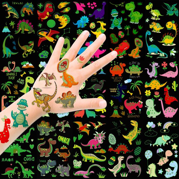 HOWAF 140+Dinosaur Temporary Tattoos, Kids Glow in Dark Dinosaur Tattoos, Dinosaur Stickers, Dinosaur Birthday Party Supplies Decorations