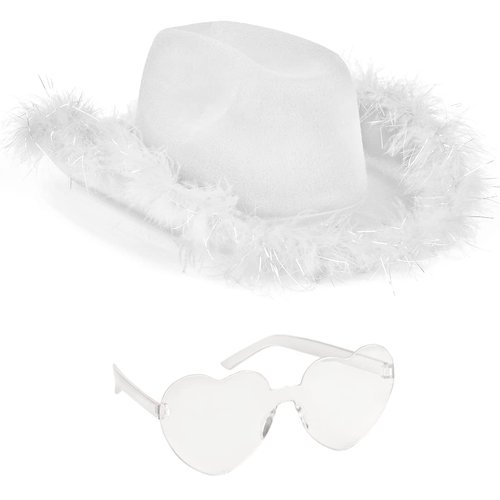 Funcredible White Cowboy Hat and Glasses - Fluffy Cowgirl Hat - Feather Cowboy Hats for Women - Cowgirl Costume Accessories