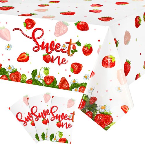 Tiamon 3 Pcs Strawberry Party Tablecloth Strawberry One Table Cover Strawberry Theme Birthday Party Strawberry Theme Party Decorations for Summer Fruit, Baby Shower, Strawberry Theme Party Supplies