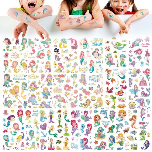 18 Sheet Temporary Tattoo for Kids, Mermaid Princess Glitter and Gold Stamping Tattoo Stickers Cute Body Art Waterproof Long Lasting Tattoos For Girls Birthday Party Goodie Bag Gift