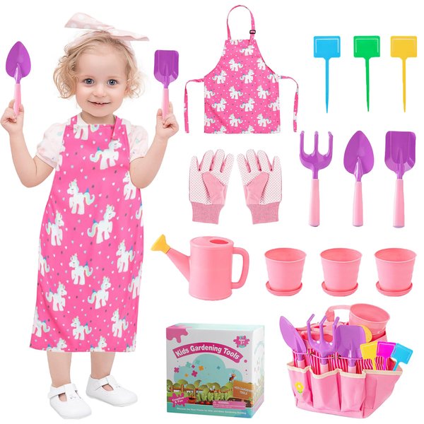 WNJ Kids Gardening Tools Set, Garden Toy Kit, with Handbag, Rake, Shovel, Trowel, Watering Can, Gloves, Handbag, Flower Pot, DIY Bookmarks, Spring and Summer Toys Outdoor Gifts for Girls - Pink