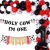 Holy Cow I’m One First Birthday Decorations Red and Black, Cow 1st Birthday Balloon Garland Arch Kit, Farm Animals Cow Balloons With One Highchair Banner One Year Old Party Supplies