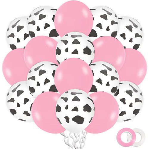 Whaline 50Pcs Cow Balloons with White and Pink Ribbons Pink Cow Print Latex Balloons for Birthday Baby Shower Cow Print Party Cowboy Cowgirl Themed Party Farm Party Decorations Supplies, 12 Inch