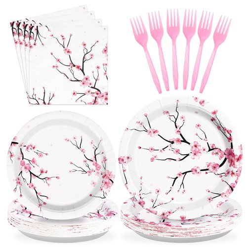 96 PCS Cherry Blossom Party Supplies 350 GSM Cherry Blossom Plates and Napkins Disposable Tableware Set Cherry Blossom Birthday Decorations for Baby Bridal Shower Tea Cherry Blossom Decor Serves 24