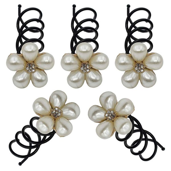 5PCS Imitation Pearl Spiral Twist Screw Hair Pins Rhinestone Flower Hair Clips Spiral Bobby Pins Hair Bun Styling Tool Hair Accessories for Women Lady (A#)