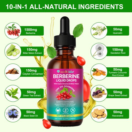 Berberine Supplement with Ceylon Cinnamon, Berberine Liquid Drops with Turmeric Curcumin, Ceylon Cinnamon, Bitter Melon,Immune Support, Digestive Health Support, 60ml