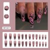 Halloween Press on Nails Long Coffin Fake Nails Pink Glitter False Nails with Designs Cute Ghost Heart Flame Spider Glue on Nails Full Cover Acrylic Nails Stick on Nails for Women 24pcs