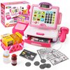 Pretend Play Calculator Cash Register Toy Gift for Kids Girls Age 3, 4, 5, 6, 7, 8+ Year Old, 57 Pcs Pink Grocery Store Playset, Incl Microphone, Credit Card, Scanner, Fake Food, Play Money for Kids