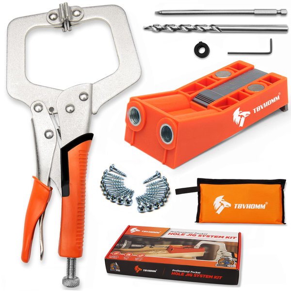 Pocket Hole Jig System Kit, Pocket Screw Jig with 11 Inch Clamp, Square Driver Bit, Hex Wrench, Depth Stop Collar, Step Drill Bit, Coarse Square Driver Screws, All In One for Joinery Work