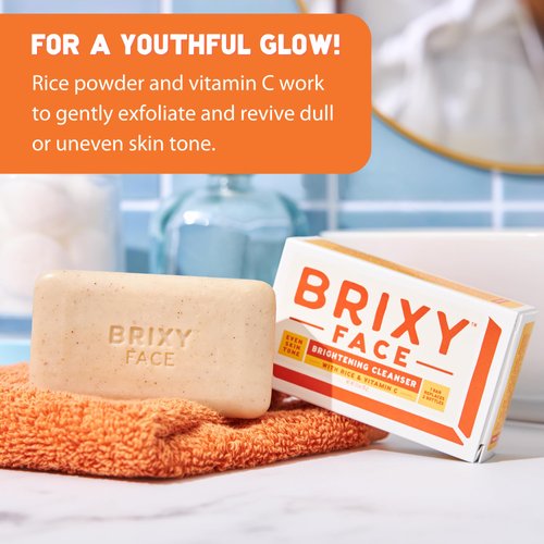 BRIXY Exfoliating Facial Cleansing Bar Even Skin Tone – Rice Powder And Vitamin C, Ceramide & Niacinamide Support A Healthy Skin Barrier, Soap Free, pH Balanced And Vegan