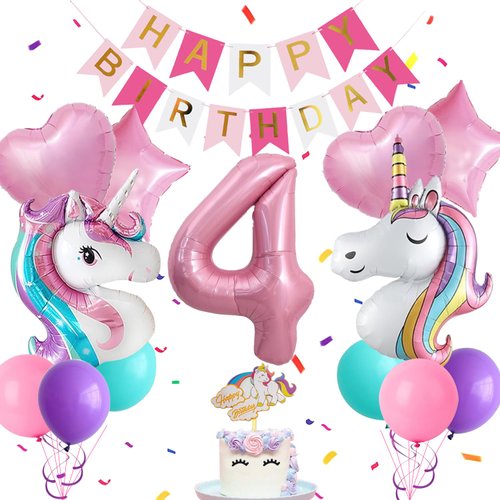 Yancan Unicorn 4th Birthday Decorations for Girls, 4 year old Girl Birthday Party Supplies with Happy Birthday Banner, Unicorn Foil Balloons, Heart and Star Balloons, Cake Topper
