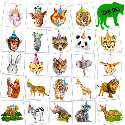 256PCS Realistic Safari Animals Tattoos Jungle Animal Temporary Tattoos for Kids, Wildlife Animal Tattoos Stickers Jungle Birthday Party Favors Gifts Supplies Jungle Party Goody Bag Stuffers