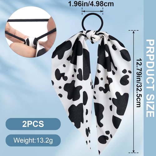 SmallCat 2pcs Cow Print Hair Bands for Women, Non-Slip Rabbit Bunny Ear Bow Hair Tie Ropes Scrunchies, Elastic Bowknot Ponytail Holder Hair Bandana Accessories for Curly Straight Thin Thick Fine Hair